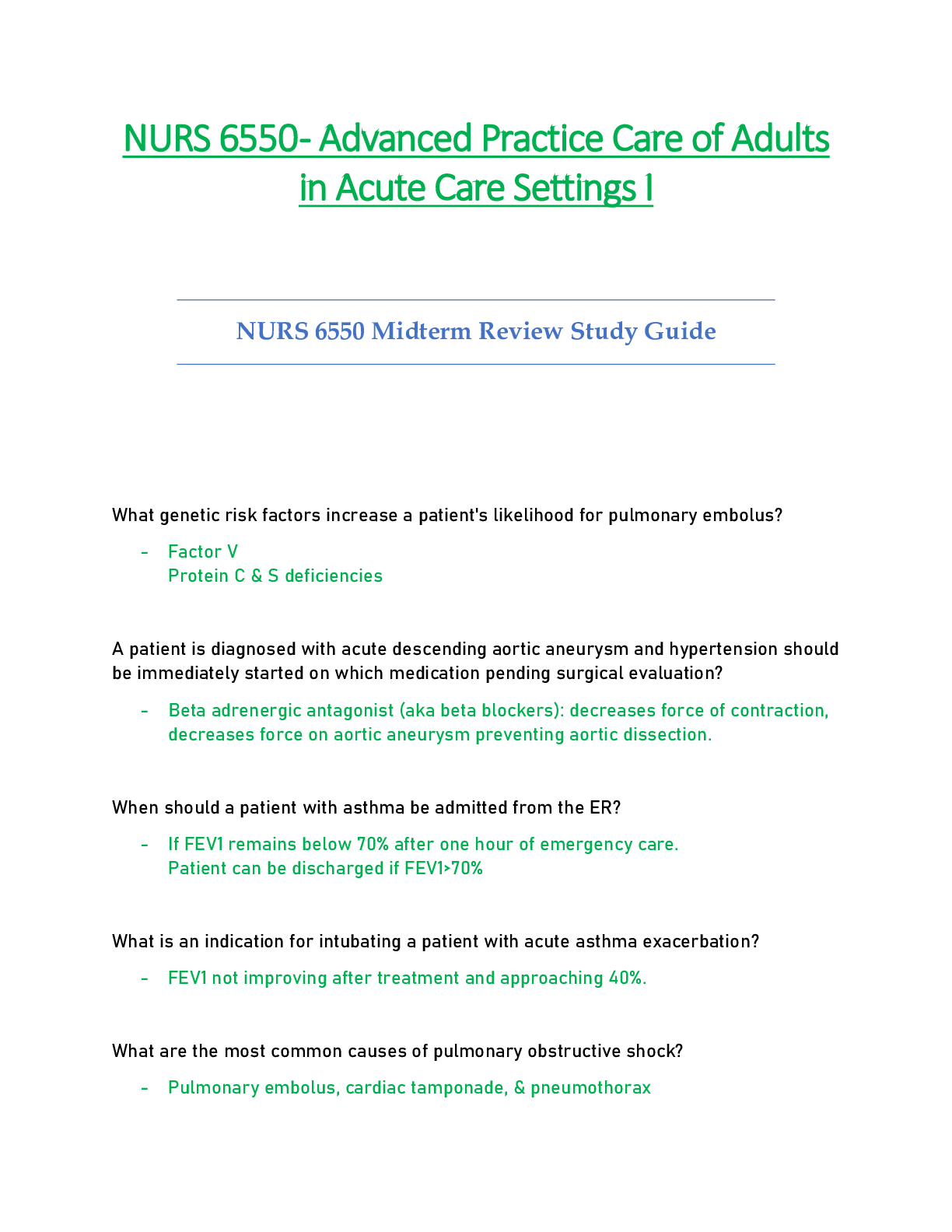 Preview of NURS6550 / NURS 6550 Midterm Review Study Guide (Latest): Advanced Practice Care of Adults